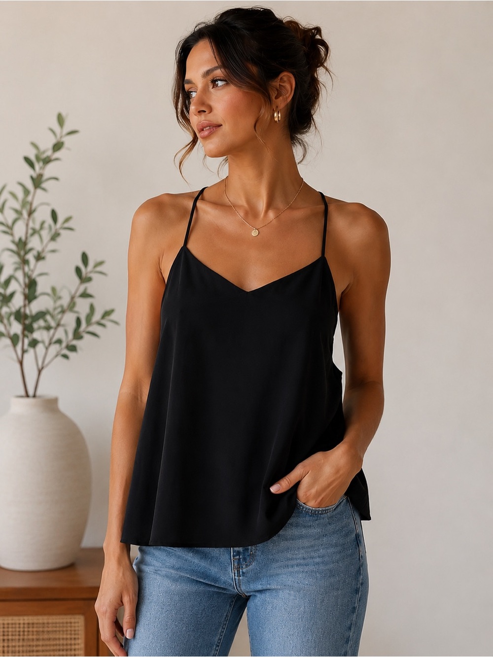 Black Spaghetti Strap Cami Tank Top Minimalist